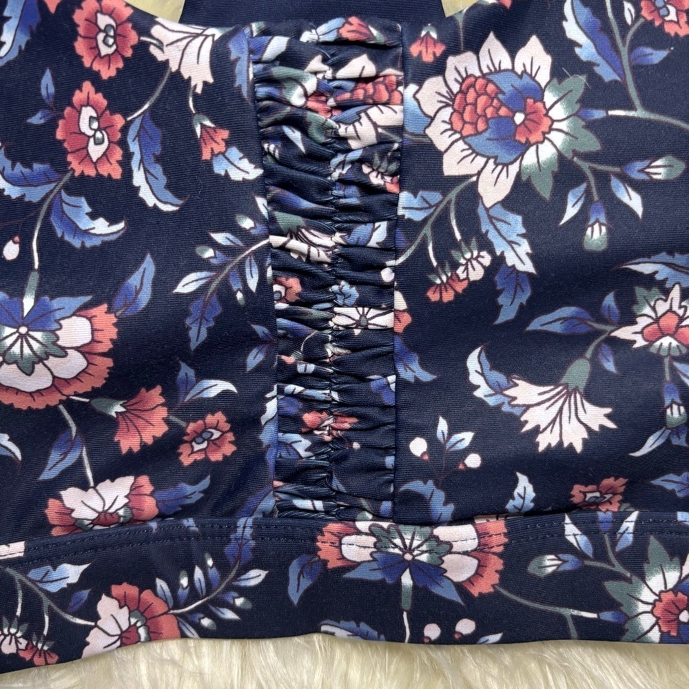 Soul by SoulCycle Ruched Blue and Pink Racerback Sports Bra with Floral Print - Picture 5 of 7
